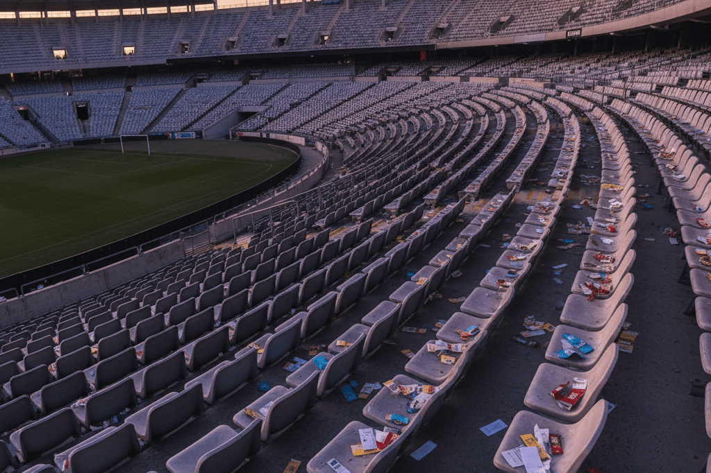 Wide shot of an unoccupied stadium featuring a countdown display, ticket stubs, and warm ambient lighting
