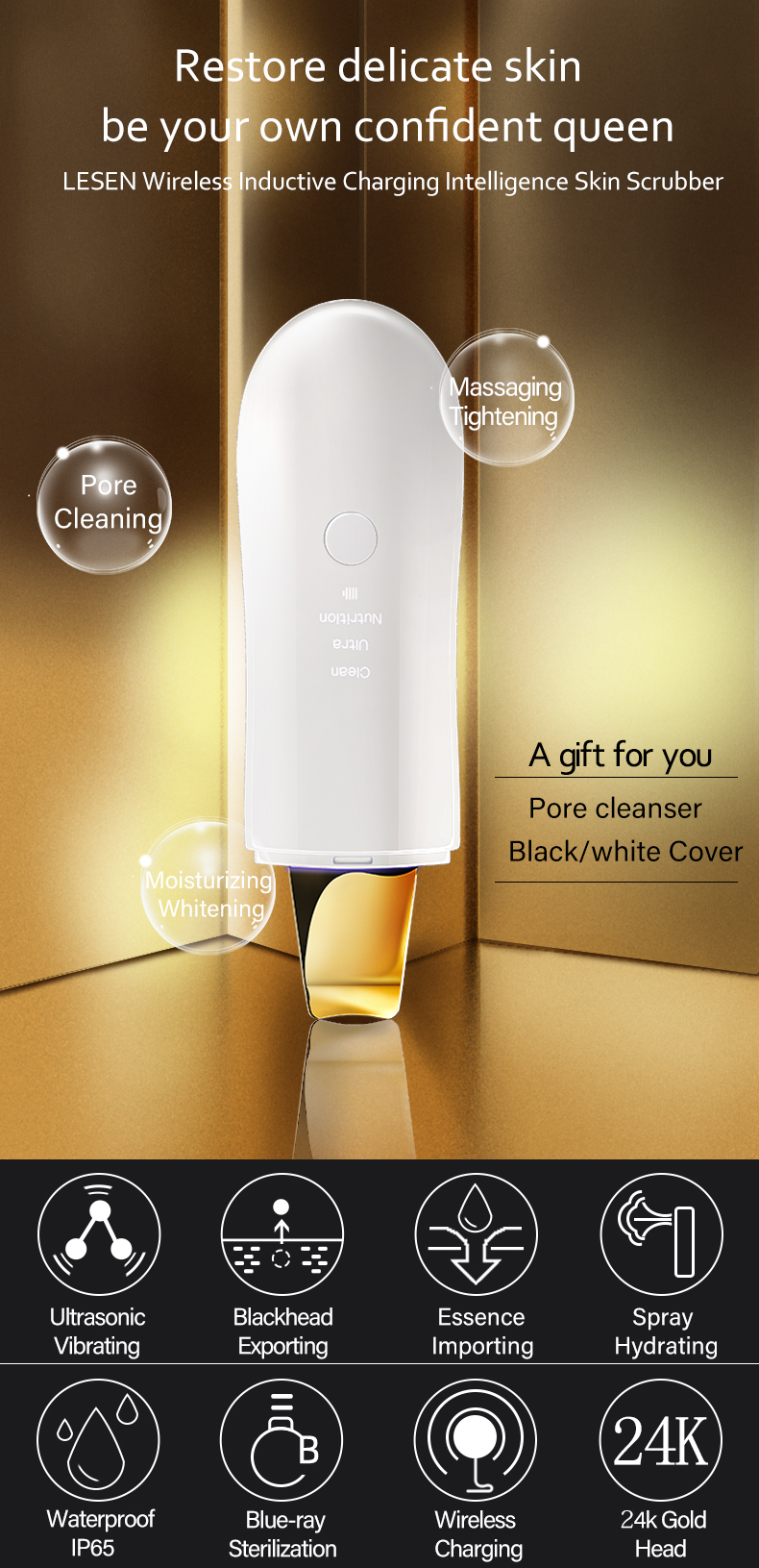 Waterproof Ultrasonic Skin Scrubber Gold Hot Sale Ultrasound Ion Nutrition Skin Scrubber Device 24-28 Khz Face,nose Max 0.55A