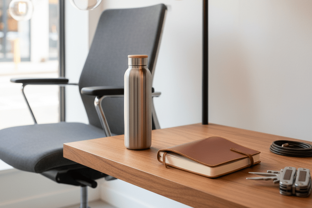 Medium shot of timeless, unbranded durable goods on a warm wood shelf, lit by natural and ambient light, representing products for active consumers aged 45–68