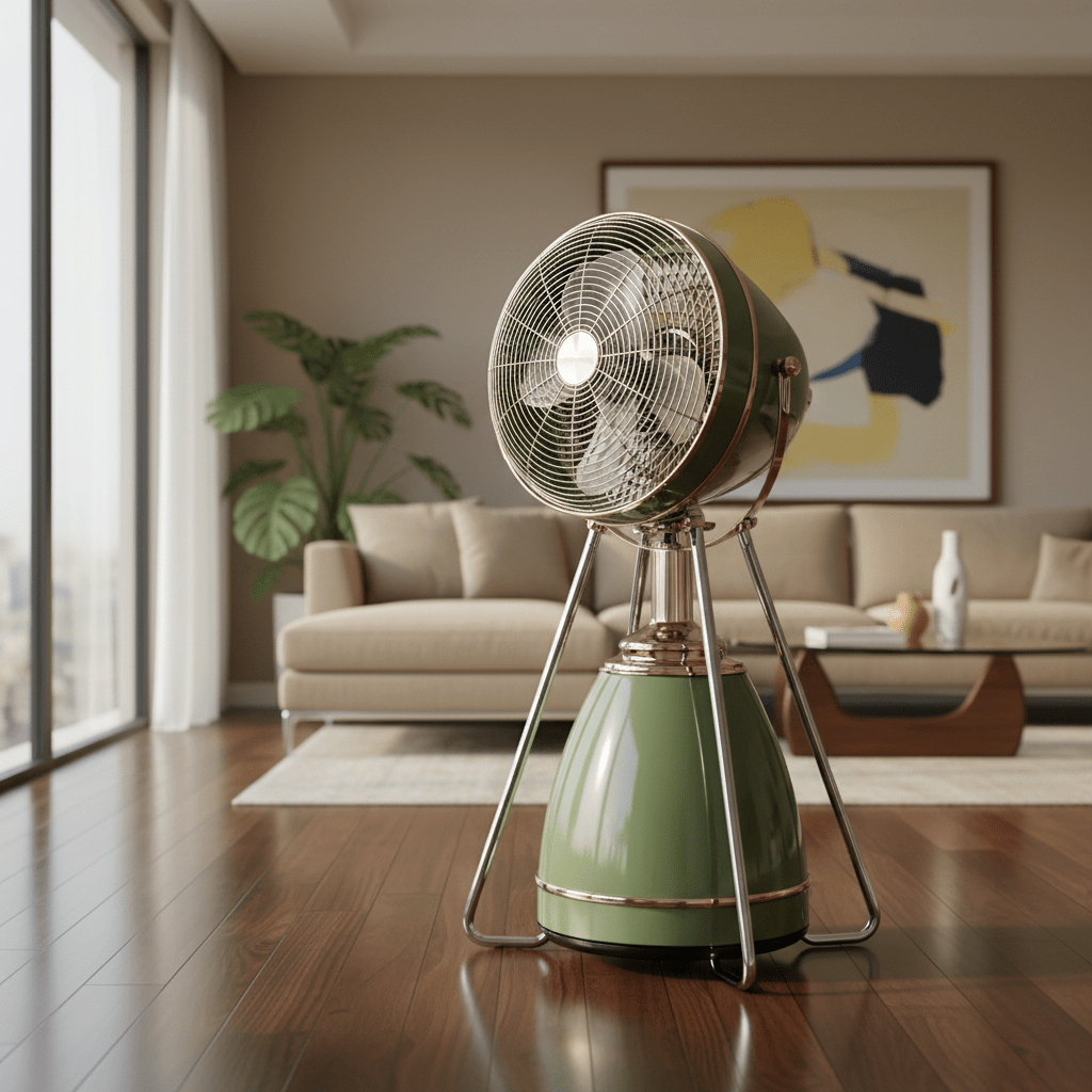 Retro-futuristic avocado green fan in a mid-century modern living room.