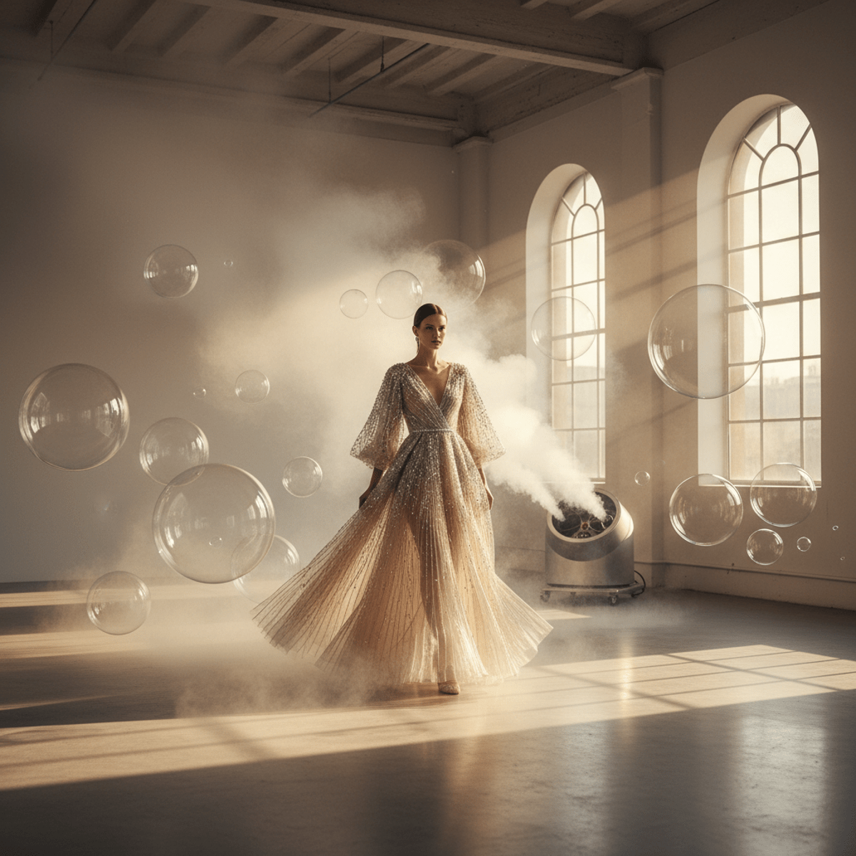 Model in flowing gown walks through mist and fog bubbles in a studio with golden light.