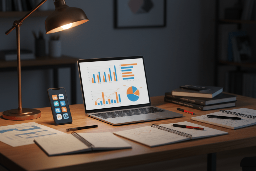 A cluttered desk with a laptop, notebooks, and smartphone under warm ambient lighting, symbolizing online influence and targeted marketing strategies