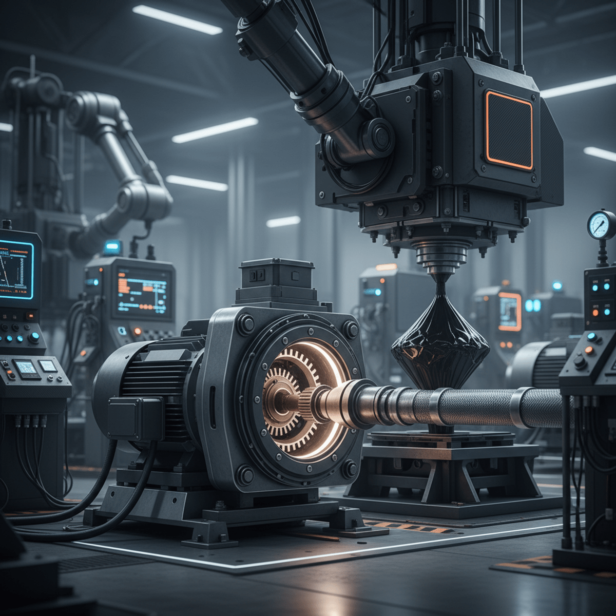 Futuristic 3D printing with industrial oil pump and polymer resin. Industrial oil pump feeds polymer resin into a massive 3D printing head on a futuristic floor.