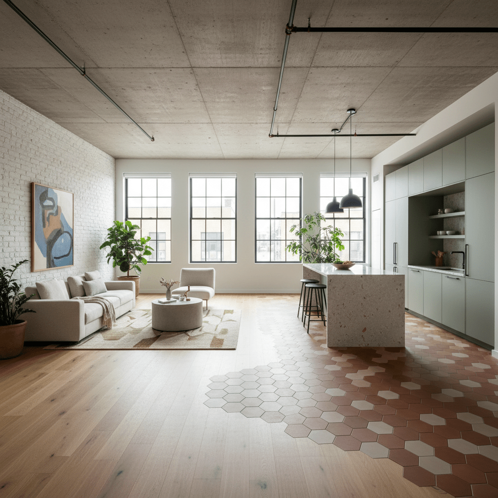 Open-plan loft with light oak planks transitioning to matte hexagonal kitchen tiles.
