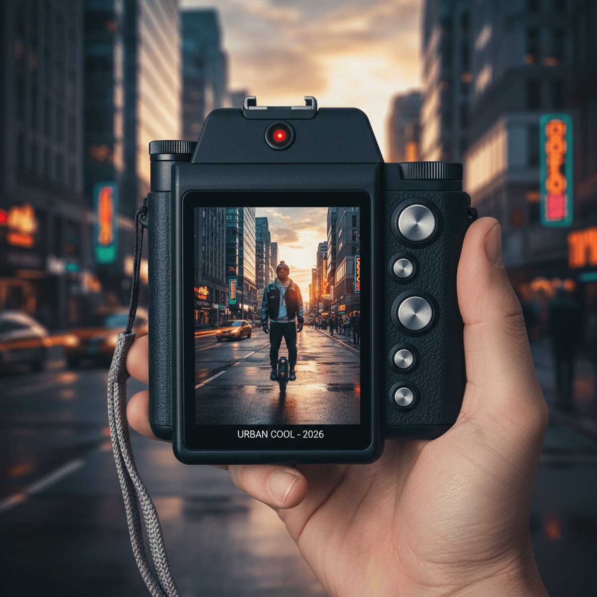 Minimalist handheld camera captures vibrant urban street scene during golden hour.