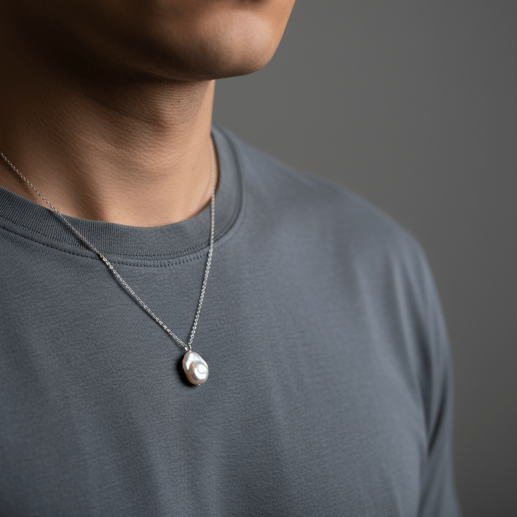 Close-up of a fashionable man wearing a baroque pearl pendant on a silver chain.
