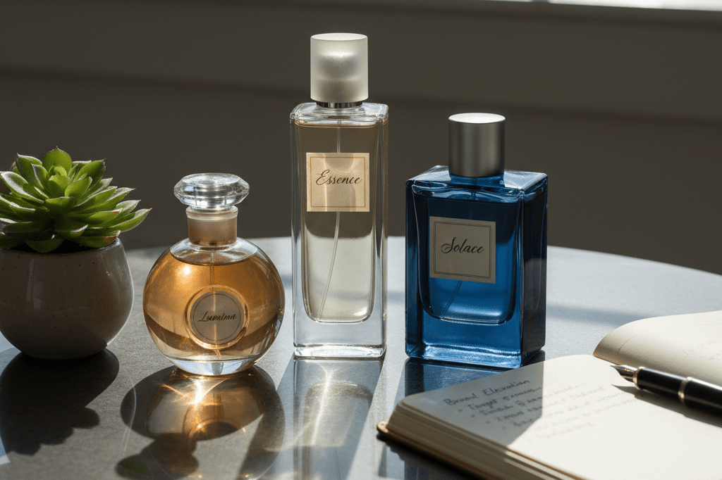 Three high-end fragrance bottles artfully displayed under soft ambient light, symbolizing luxury beauty consolidation