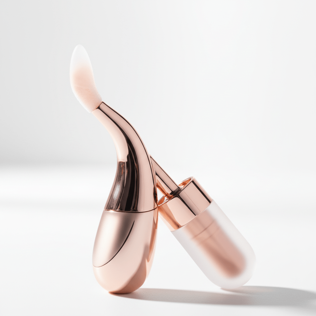 Sculptural rose-gold lip gloss applicator with curved silicone tip on white background.