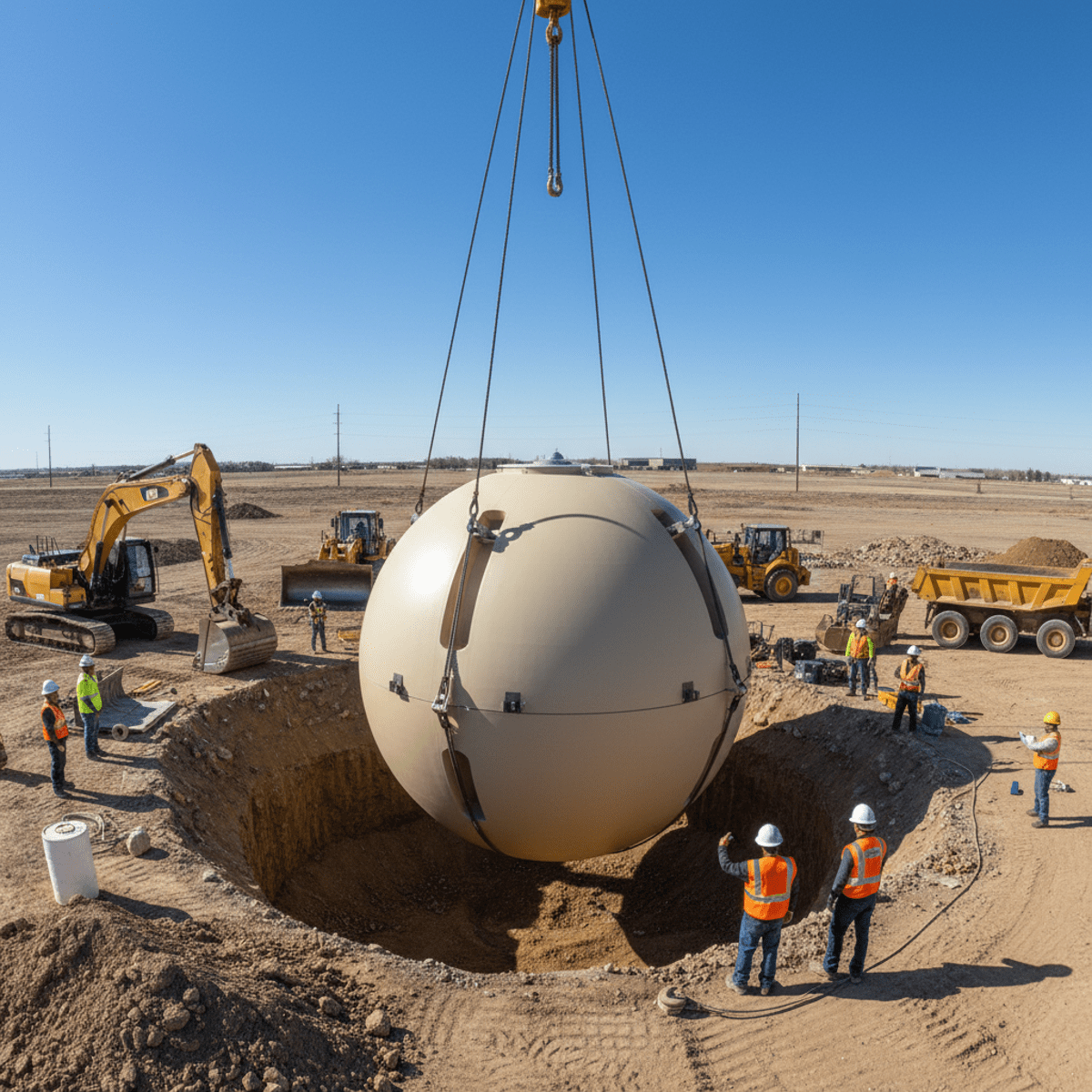 Prefabricated fiberglass sphere bunker lowered into excavated cavity by workers.