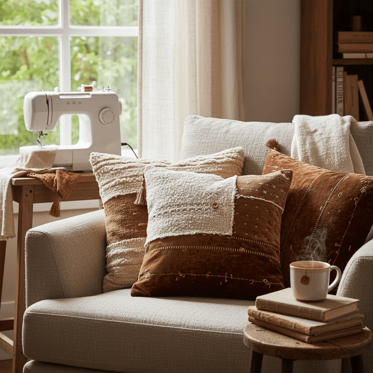 Handcrafted decorative pillows with bouclé and velvet textures in a cozy reading nook.