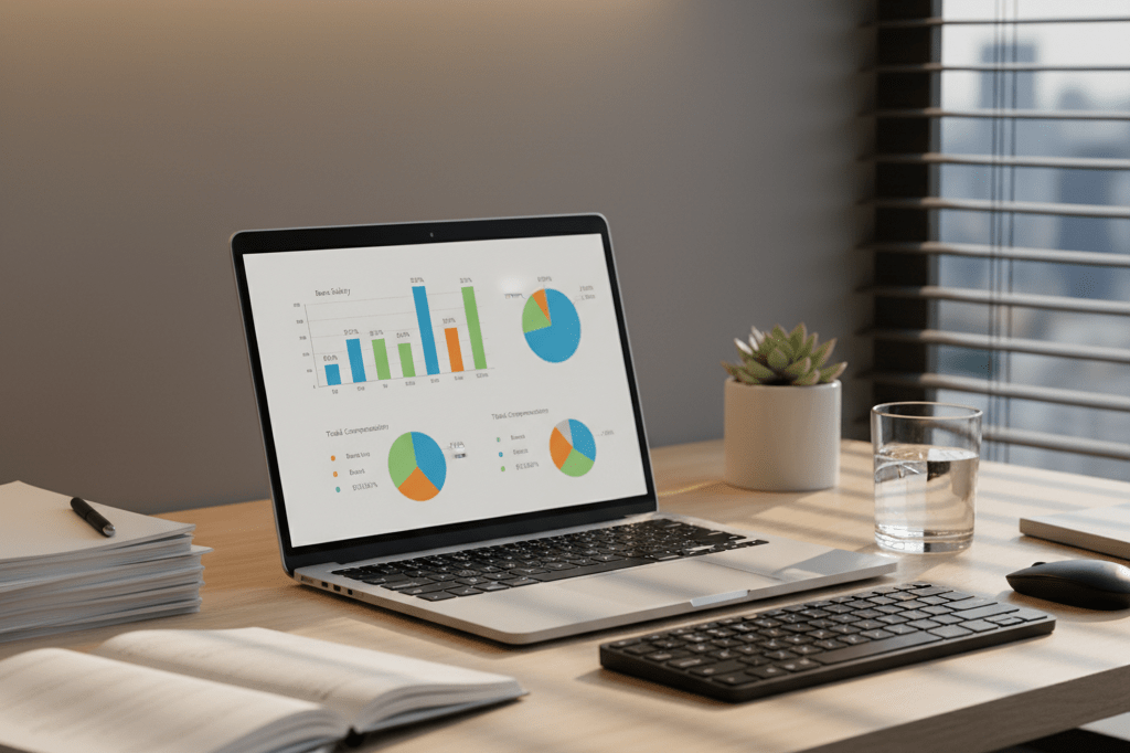 Neatly arranged office desk featuring salary analytics on a laptop screen, symbolizing workplace compensation clarity