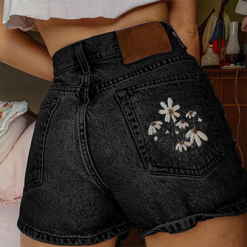 Women's Literary Retro High Waist Denim Shorts Floral Multi-Pocket Print  Breathable Straight Style Summer Jeans-XL Size