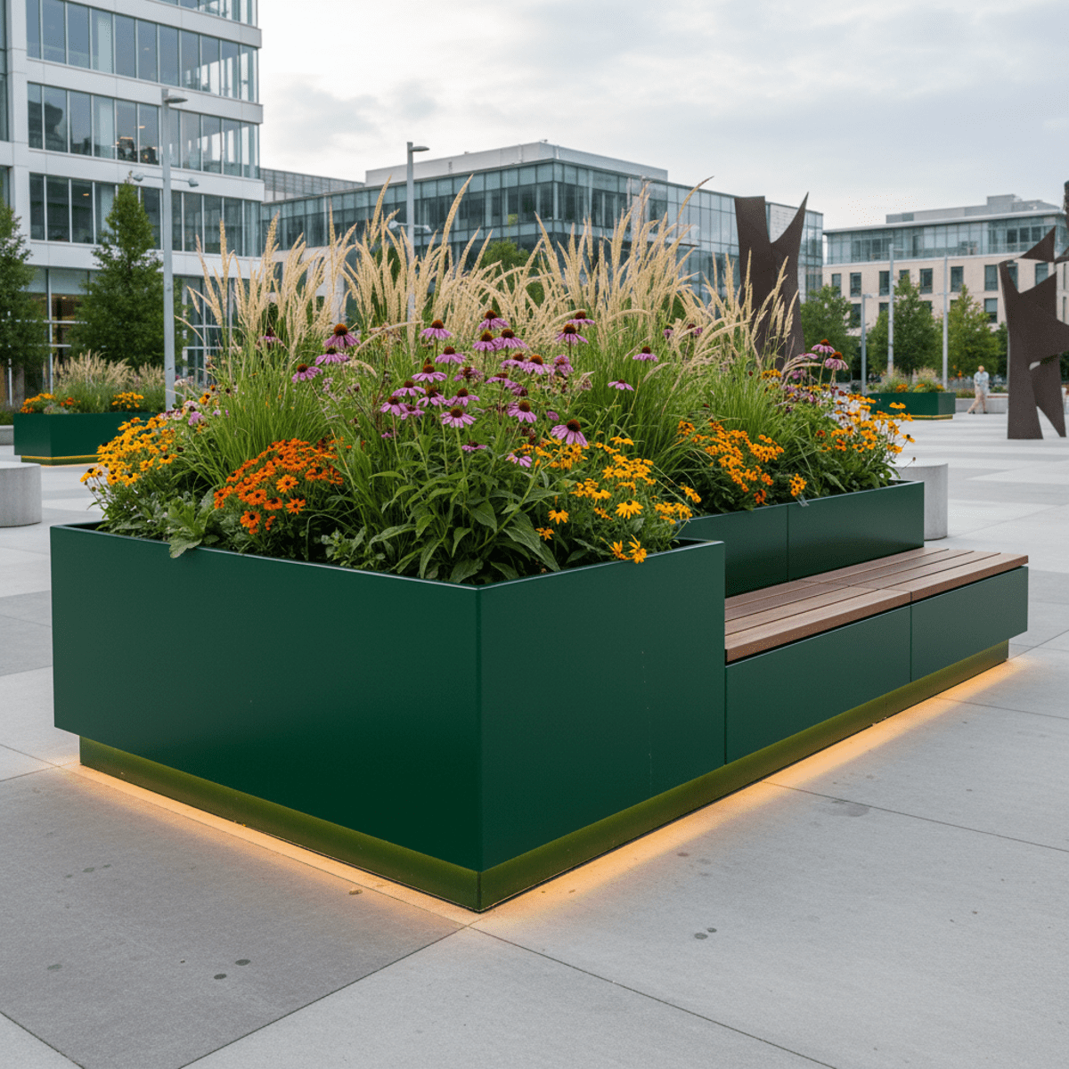 Modern forest green planter bench with ornamental grasses and flowers in a plaza.