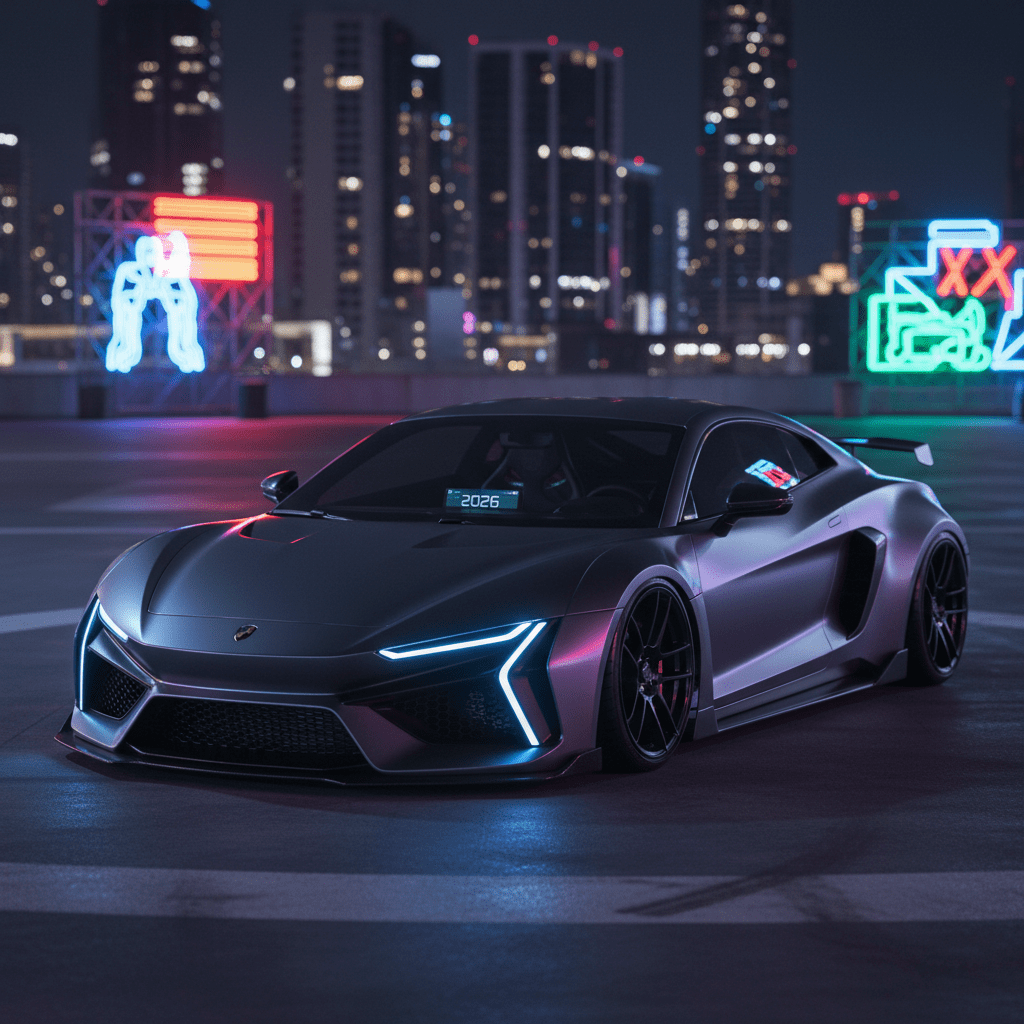 Matte graphite sports car with LED accents on a city rooftop at night.