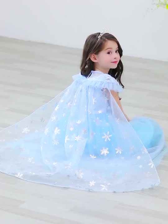 New Arrival Ice Queen Kids Sequin Mesh Prom Gown Dresses Halloween Carnival  Party Snow Queen Elsa Princess Dress up With Cloak