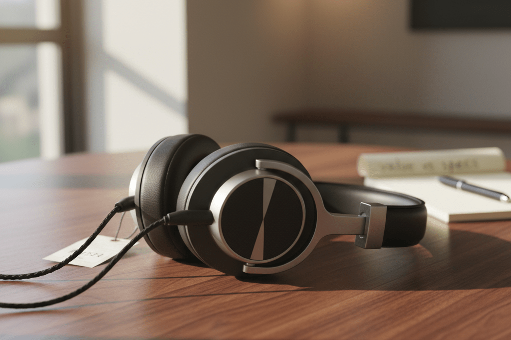 Close-up of premium headphones on a table with subtle hints at pricing and consumer skepticism over tech upgrades