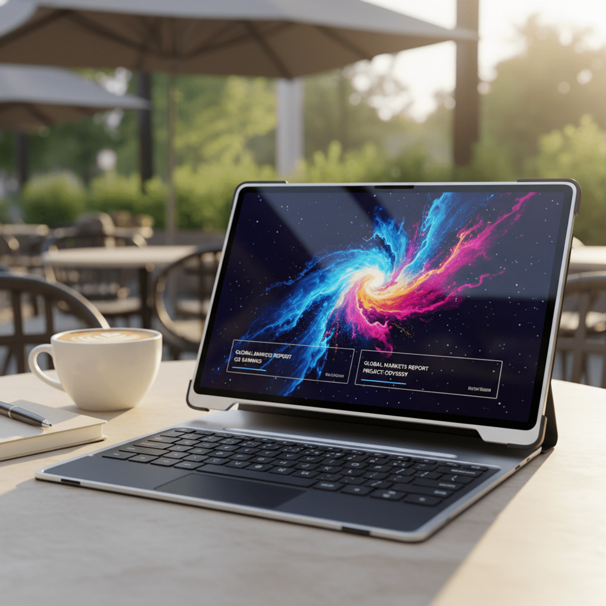 Futuristic tablet with detachable E-Ink keyboard on a sunny cafe terrace.
