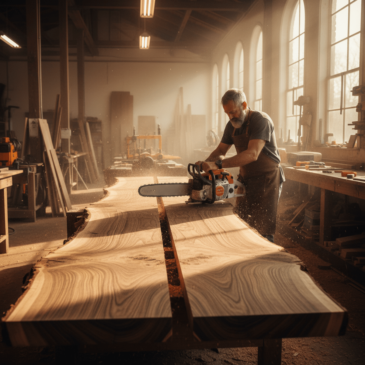 Master woodworker cuts premium hardwood log into sequential slabs with chainsaw mill.