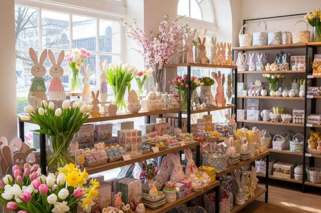 Retail store's spring-themed Easter display with pastel decor and bunny ornaments under natural lighting, highlighting inventory turnover challenges