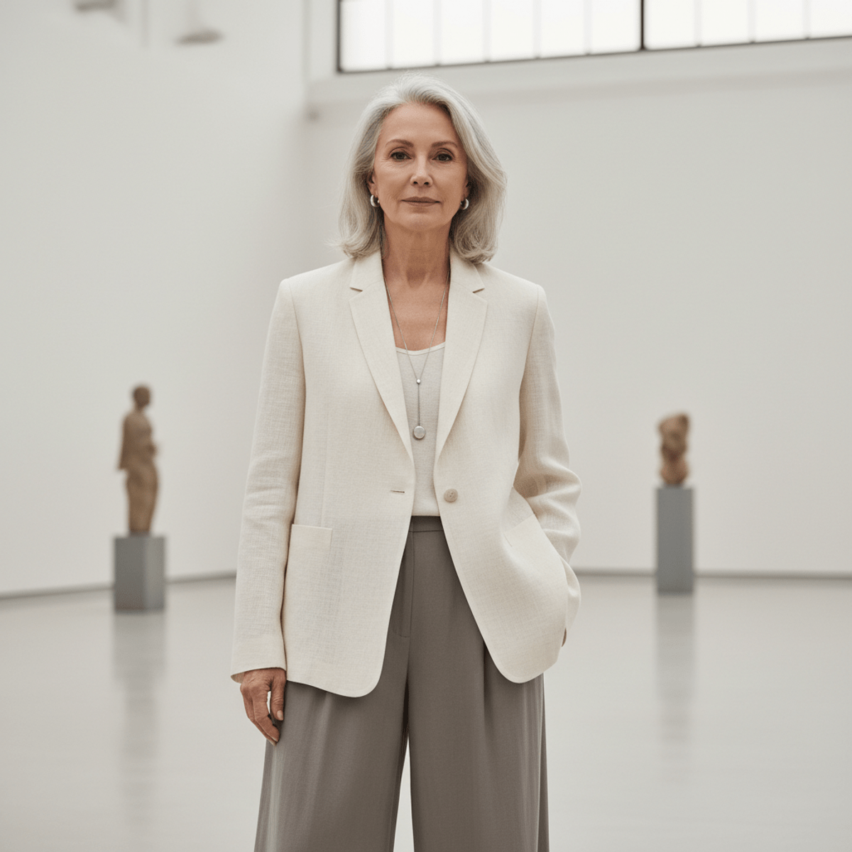 Elegant woman in a linen blend blazer and wide-leg trousers in an art gallery.
