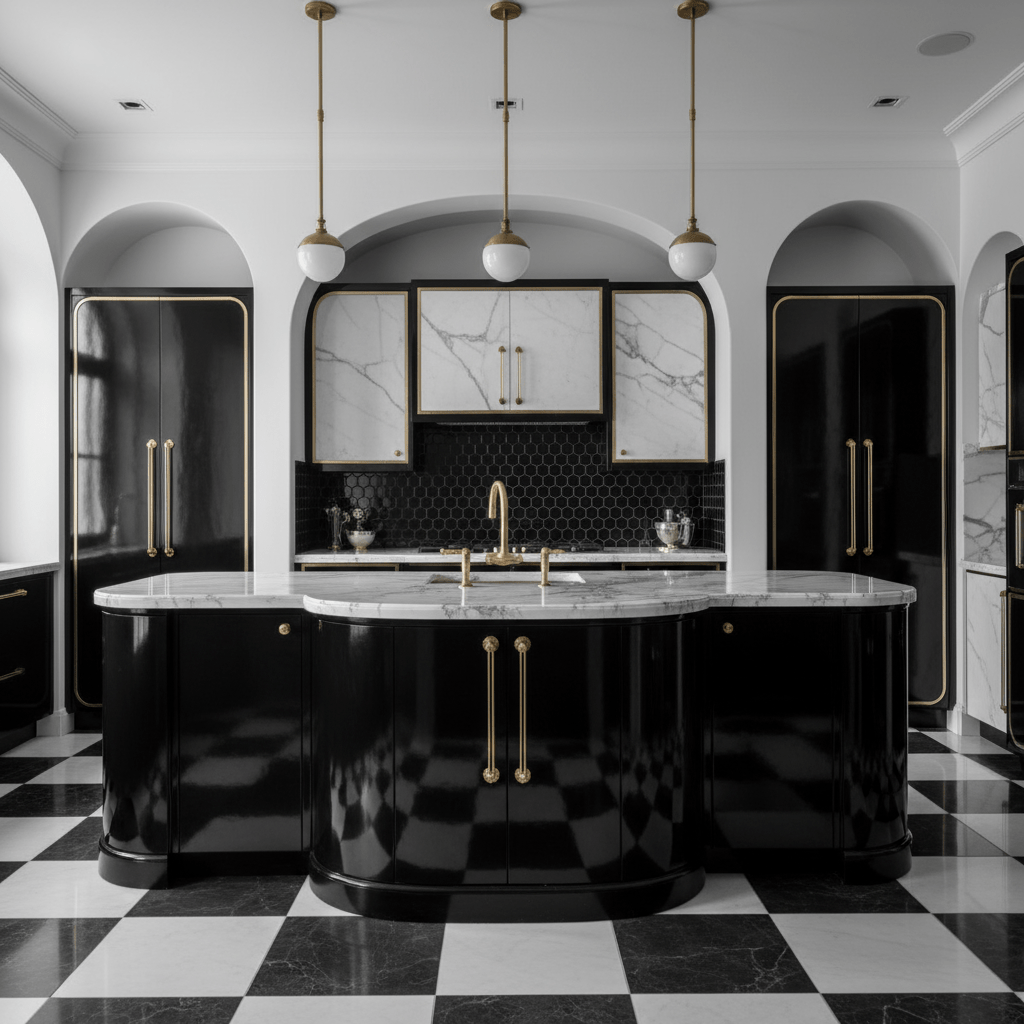 Sophisticated black and white Art Deco kitchen with bold curves and marble finishes.