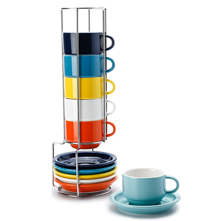 Фарфоровая кружка под заказ для молока и чая, набор из 5 Штабелируемых керамических кофейных чашек с блюдцем и металлической подставкой