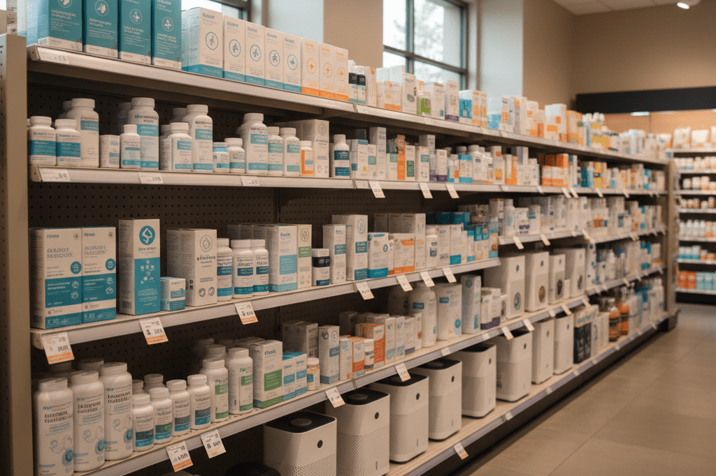 Shelf displaying assorted allergy products under natural light, emphasizing strategic stock management during pollen surge