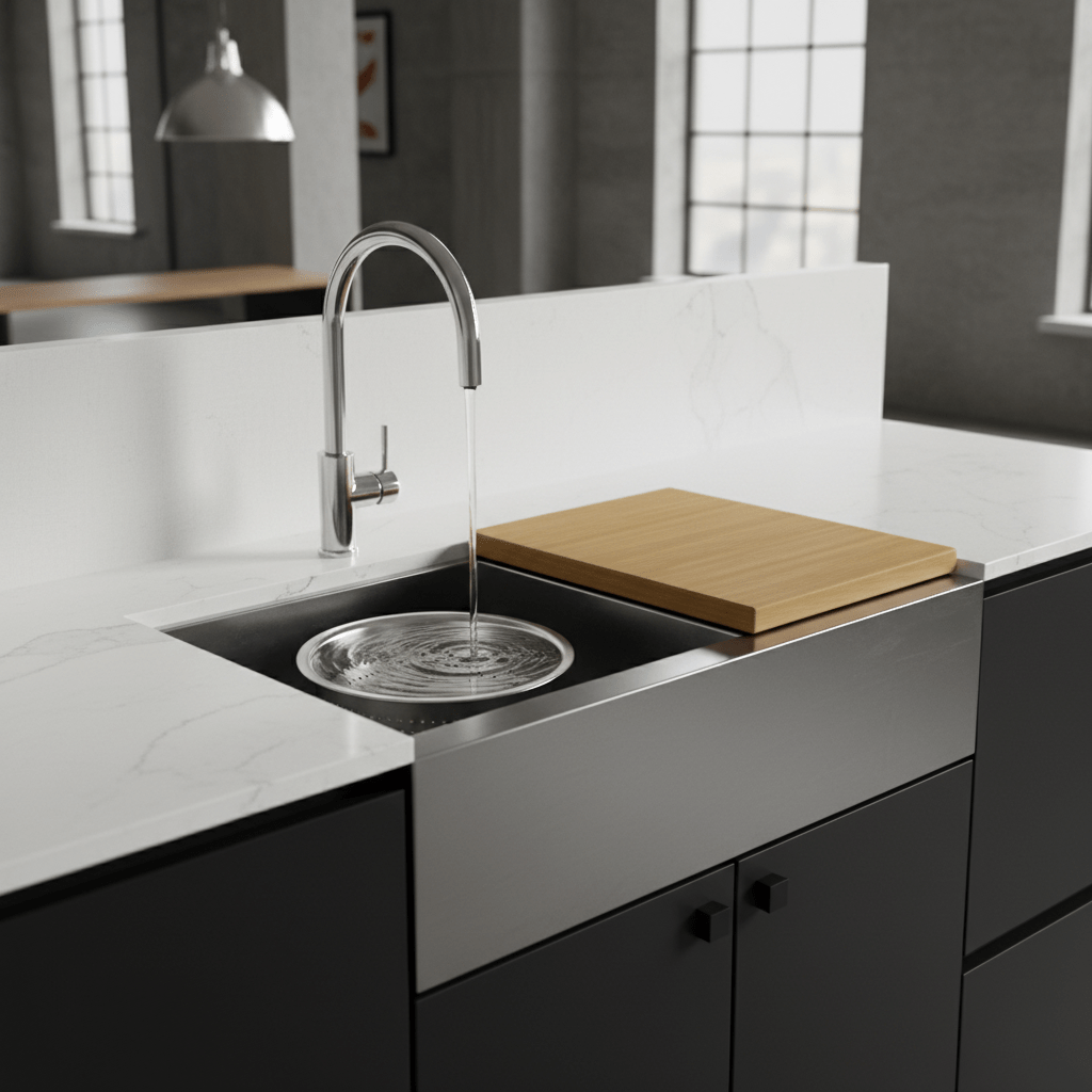Compact kitchen workstation featuring a waterfall sink and teak cutting board.