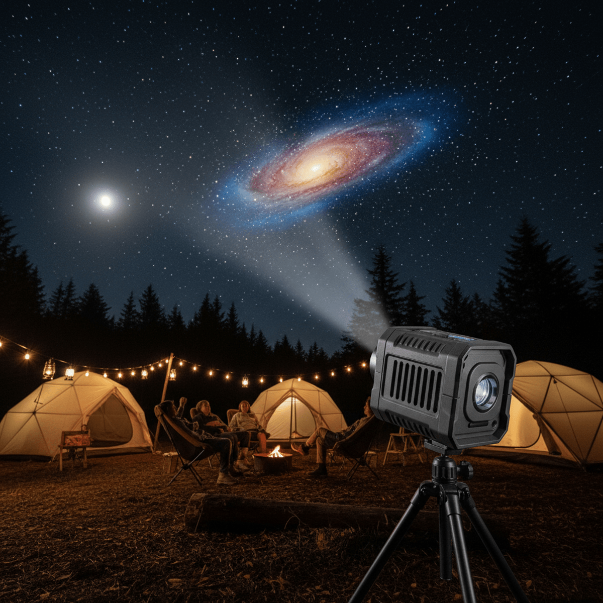 Rugged star projector displays galaxy at campsite under night sky with people relaxing.