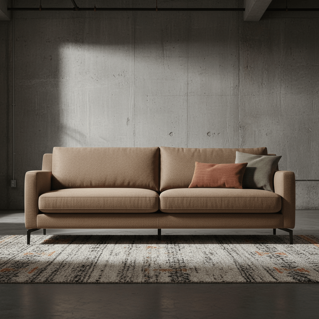 Sustainable taupe roll arm sofa with matte black legs in a modern loft setting.