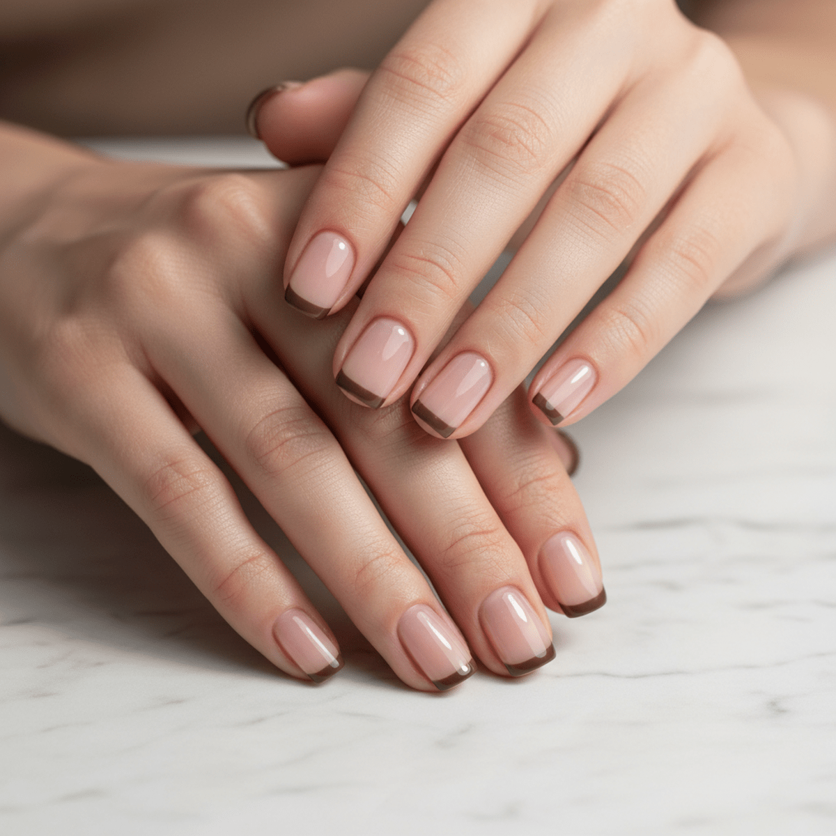 Elegant mocha mousse nails with espresso French tips on marble surface.