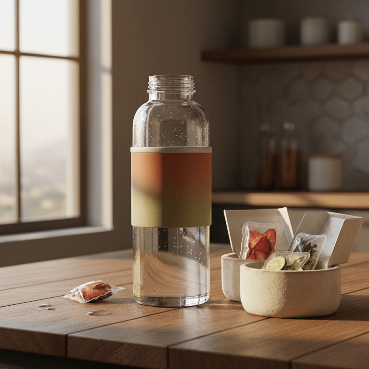Luxury glass water bottle with flavor pods on a wooden table.