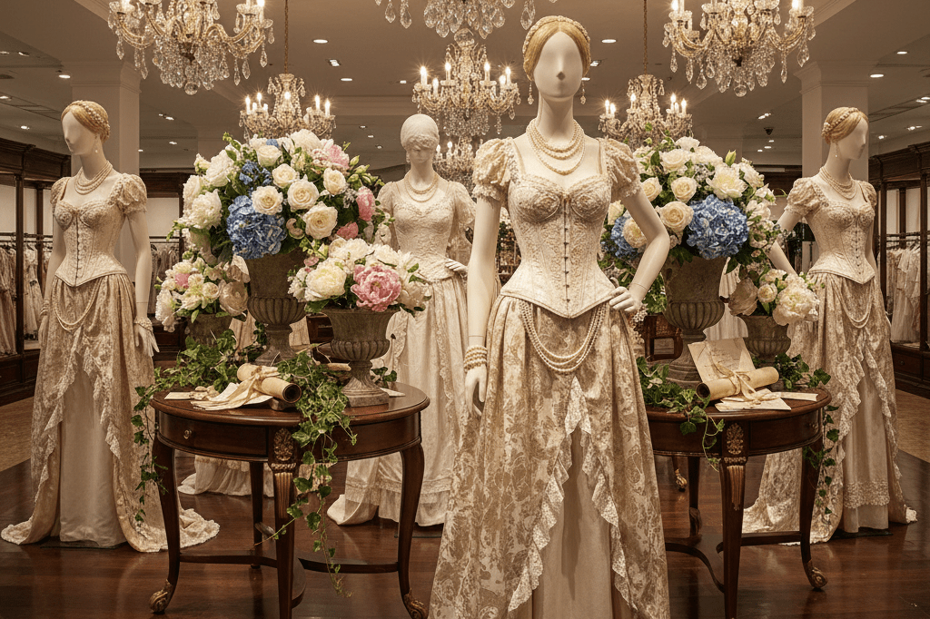 Regency-inspired fashion and decor displayed elegantly under chandelier lighting in a high-end retail setting