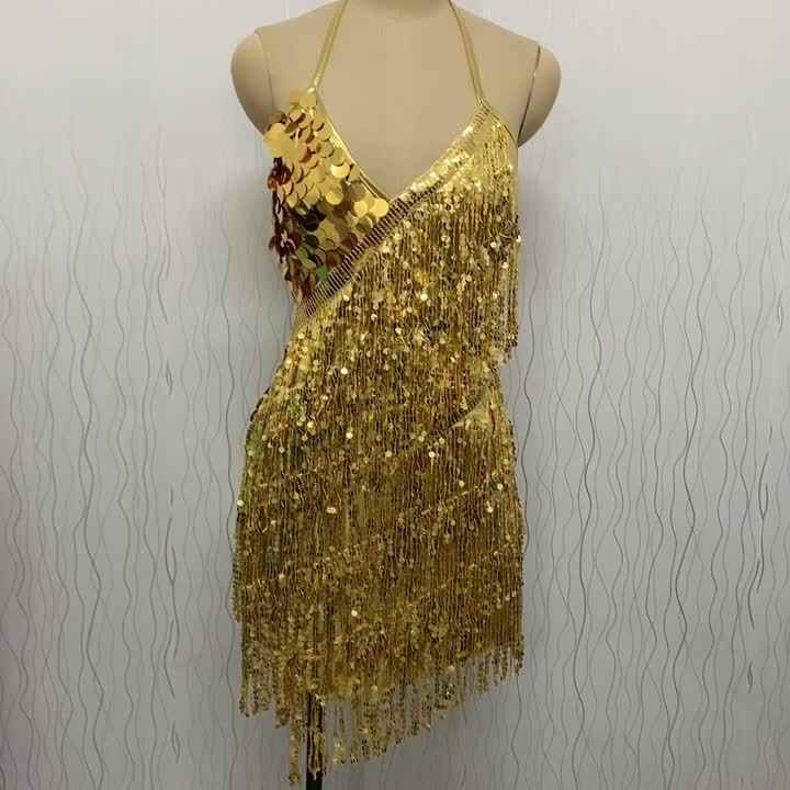 Sexy Backless Latin Dance Performance Competition Pu Sequin Suspended Dress  With Cuff for Adult