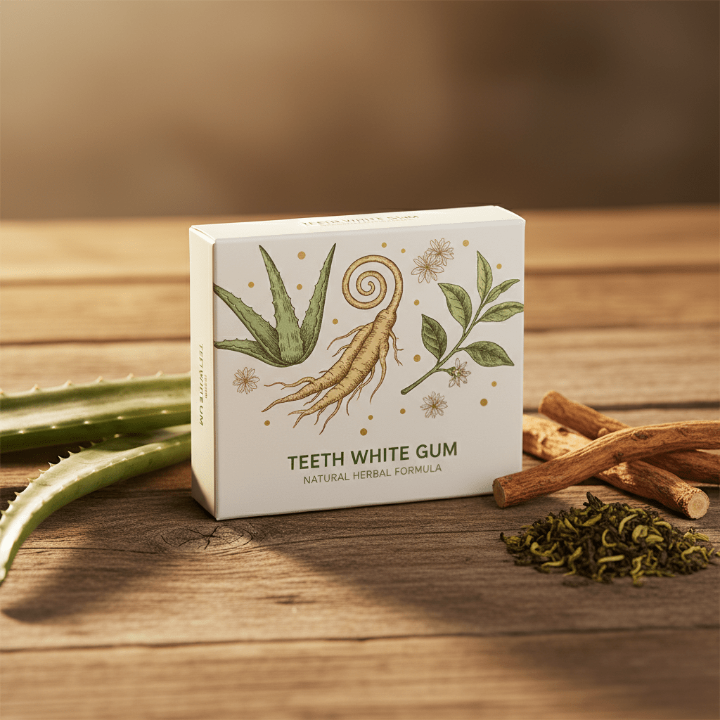 Eco-friendly teeth whitening gum with botanical art on a wooden surface with herbs.