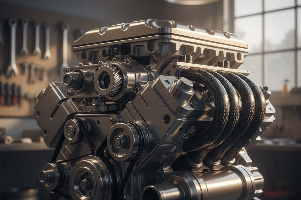 Close-up photo highlighting precision engineering of a modern high-performance V8 engine under natural light
