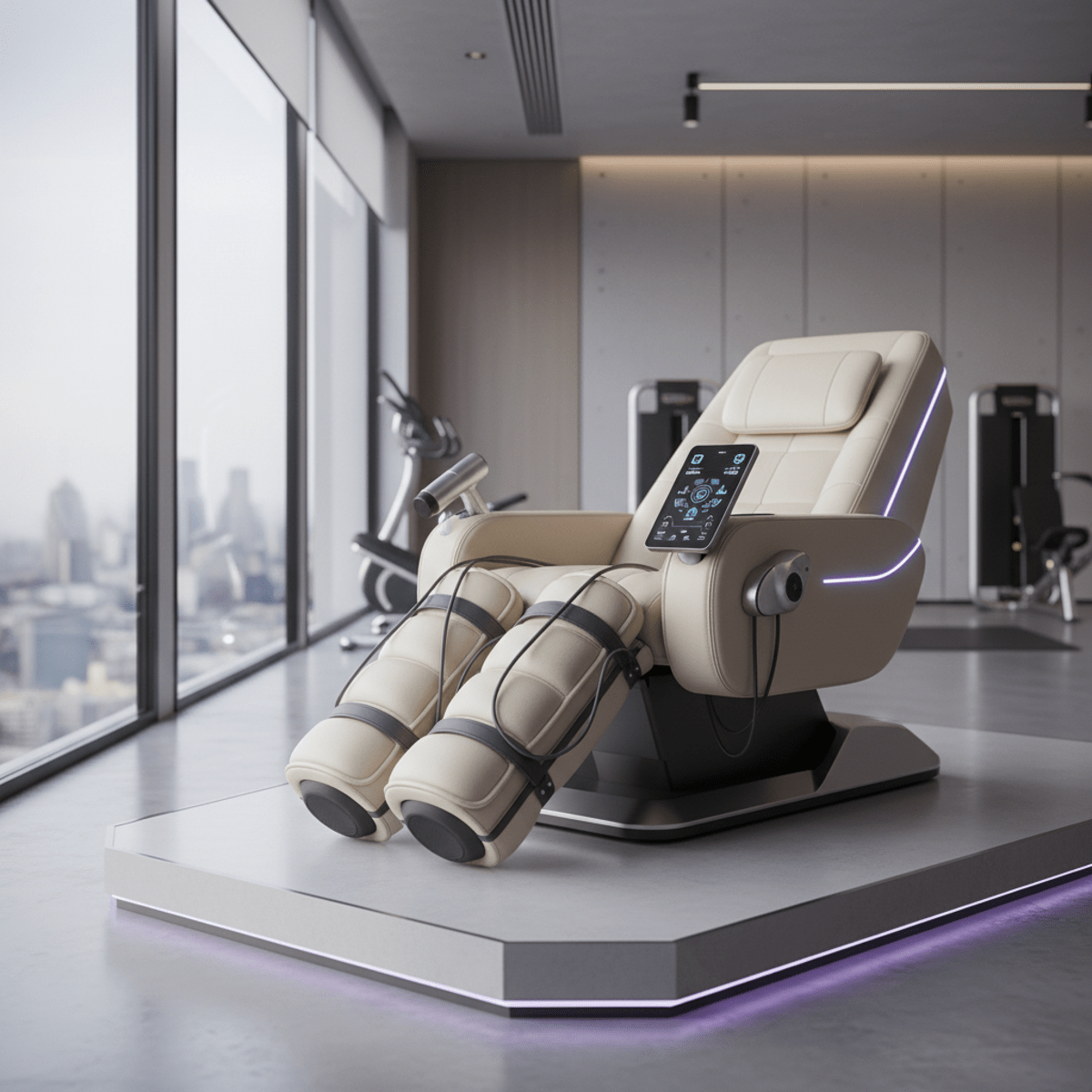 Sleek futuristic recovery lounger with premium leather and integrated tech in a modern gym.
