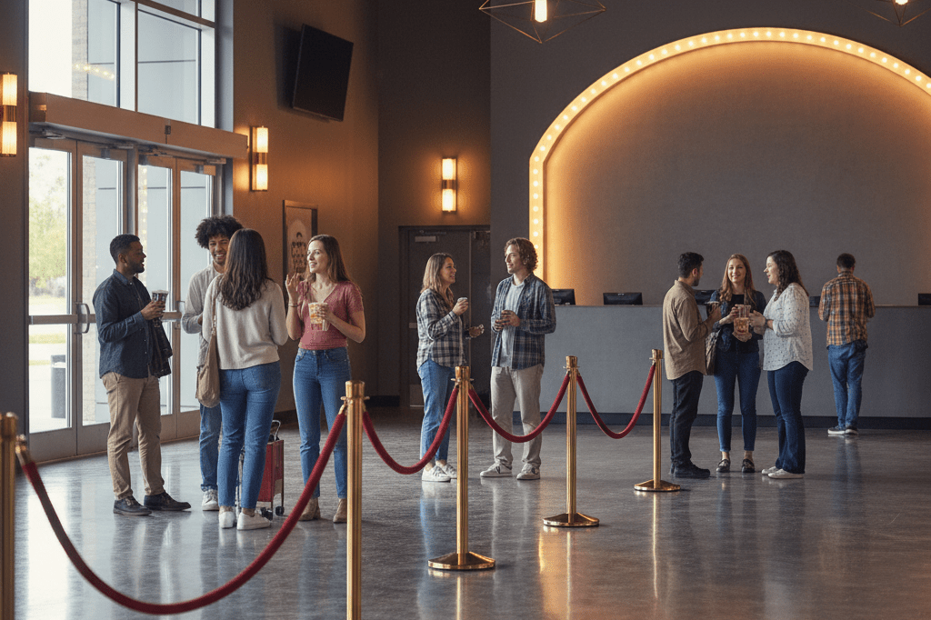 Cinema lobby with marquee lights and velvet ropes under natural and ambient lighting, evoking pre-movie buzz