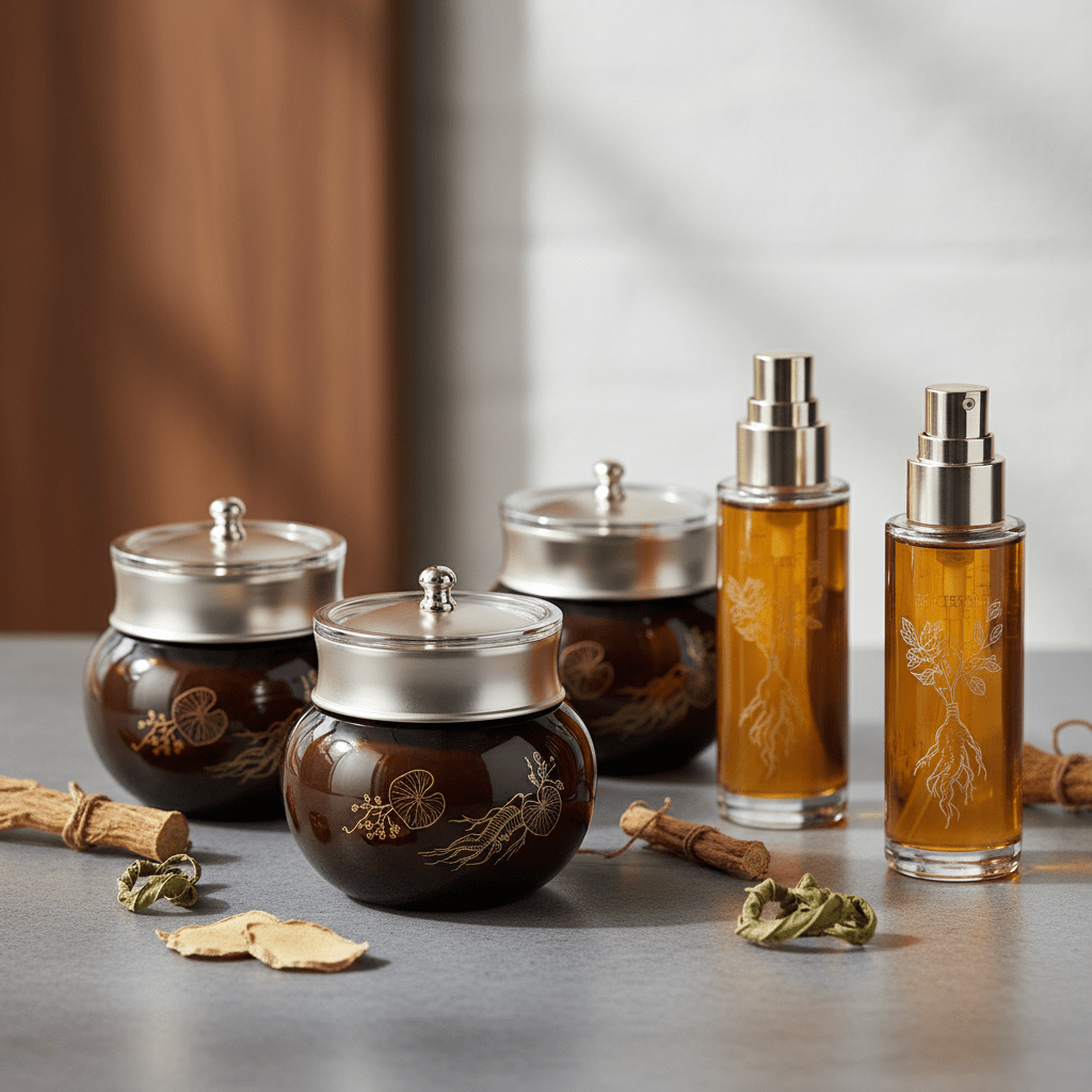 Luxury Korean hair care with botanical ingredients Luxury Korean hair care products with botanical ingredients displayed on stone.