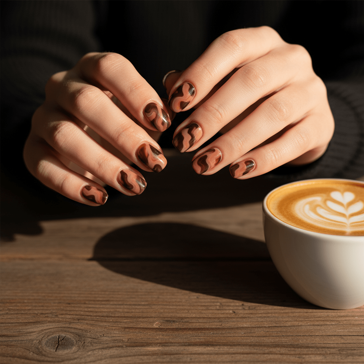 Mocha mousse nails with artisanal tortoiseshell swirls in caramel, mocha, and espresso shades.