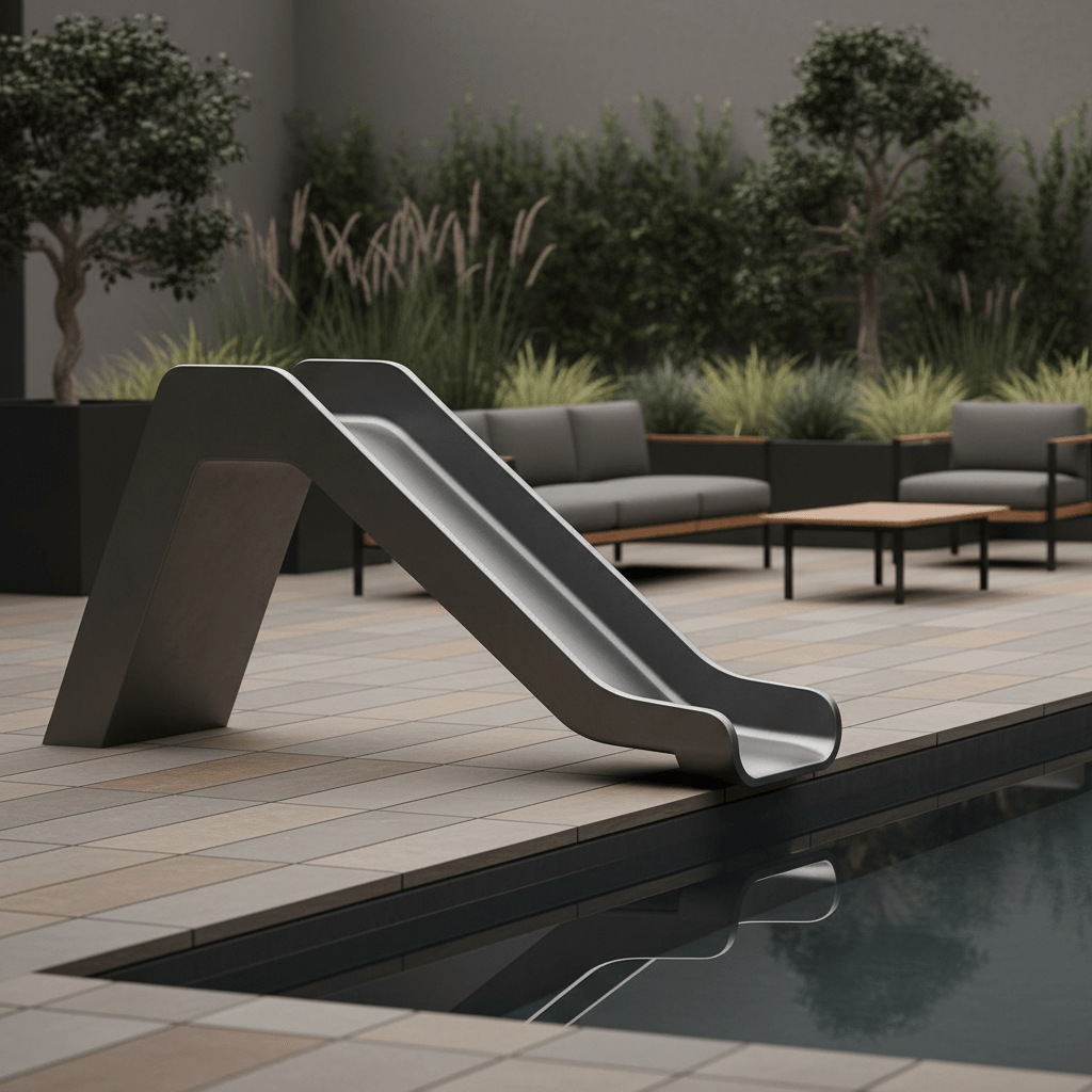 Minimalist monochromatic pool on a modern deck with slate flooring and greenery.