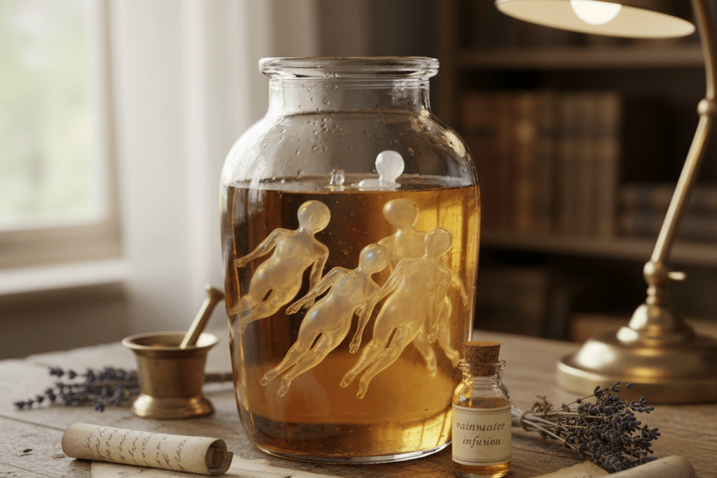Antique apothecary jar containing handmade glass homunculi figures on rustic wooden table Medium shot of a vintage glass jar with abstract glass homunculi suspended in amber liquid on an oak table with alchemical props and soft natural lighting