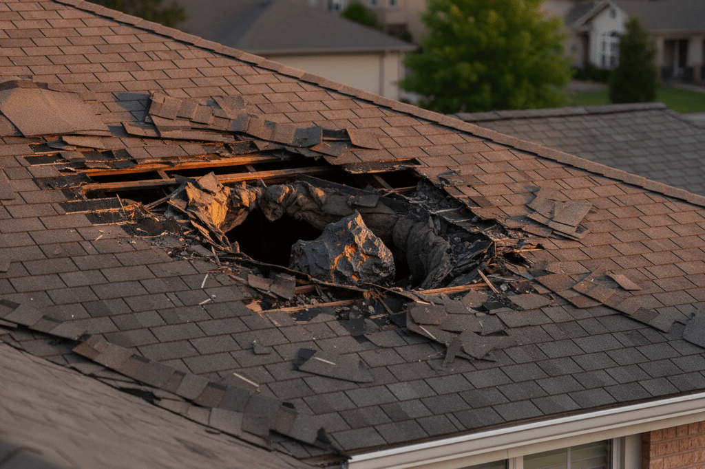 Wide shot of a suburban roof with a meteorite impact hole, scattered shingles, and warm ambient lighting highlighting destruction