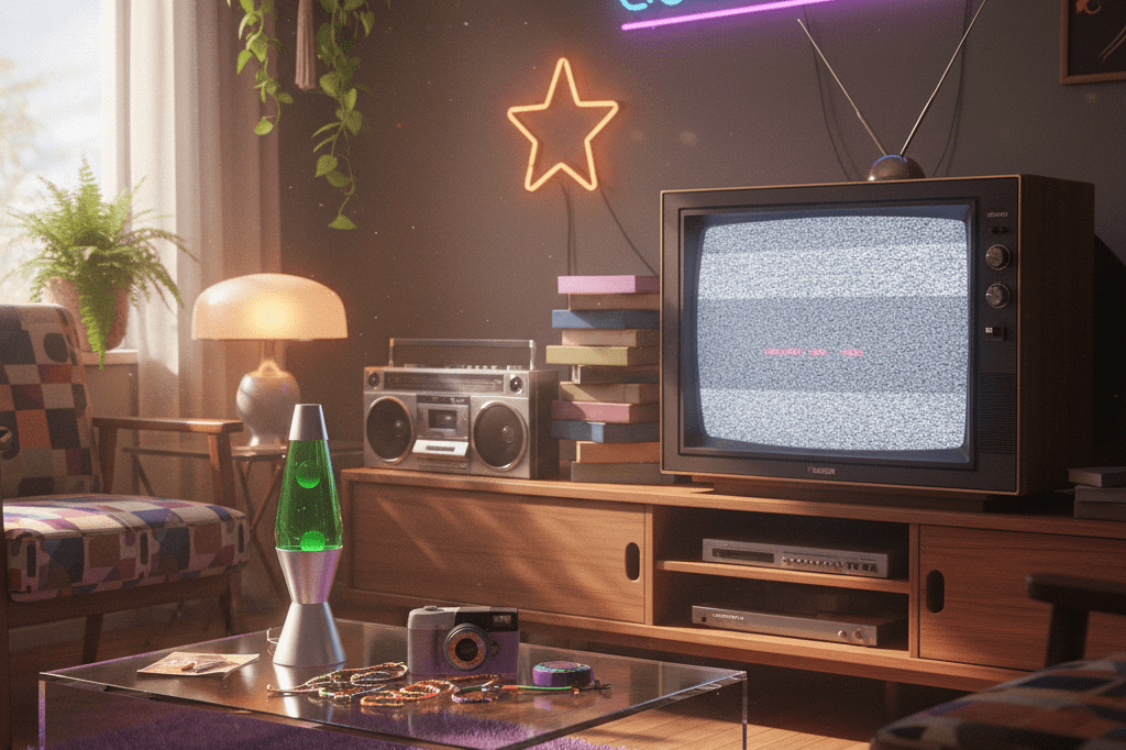 Nostalgic 90s Living Room Setup Evoking Media Revival Trends Retro 90s living room with vintage TV, VHS tapes, and nostalgic decor under natural and ambient lighting, symbolizing retail trends driven by cultural nostalgia