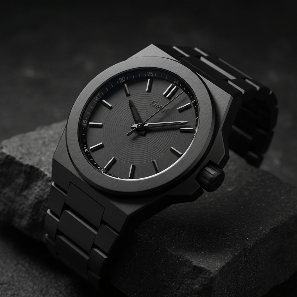 Matte black ceramic GMT watch with sleek lines on dark stone.