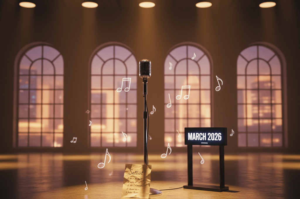 Modern stage with microphone and setlist under warm lights symbolizing hyperlocal marketing strategy