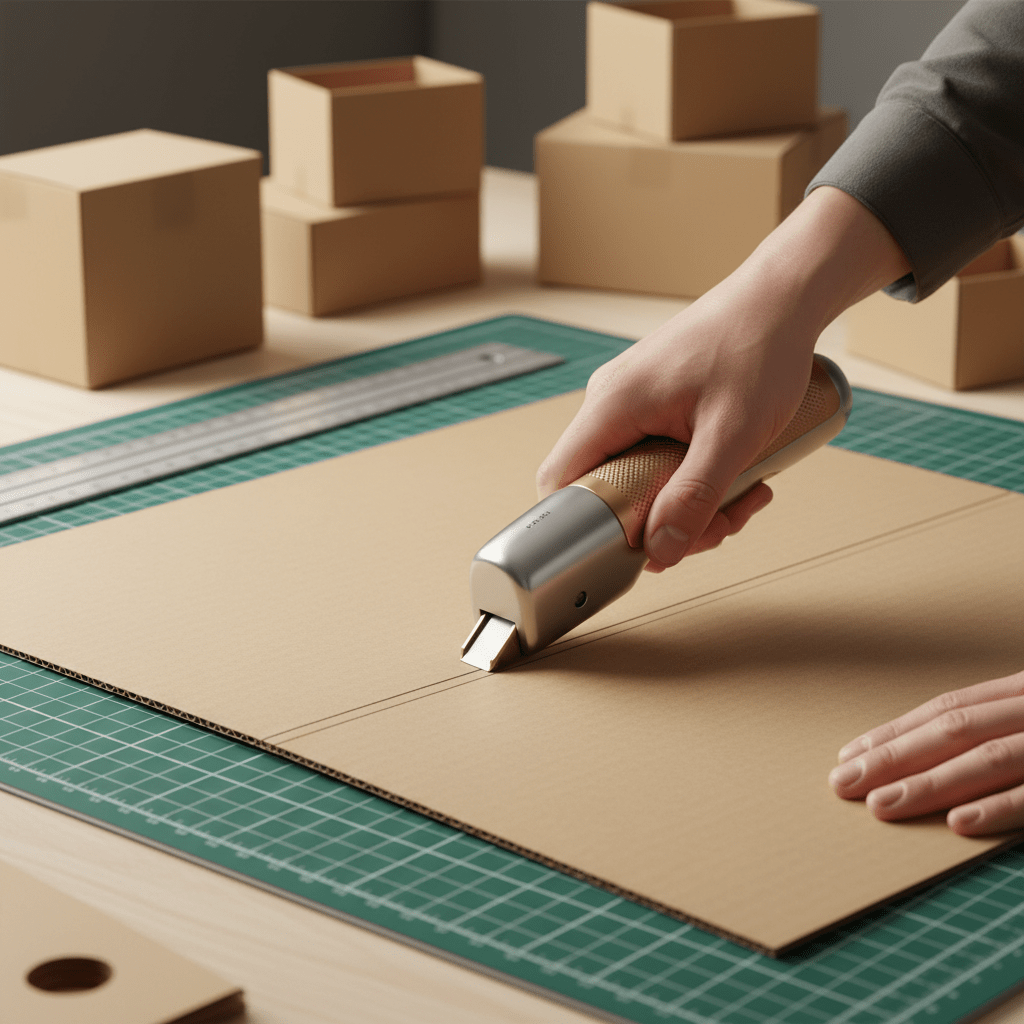 Crafter's hands precisely scoring corrugated cardboard with a professional cutter.