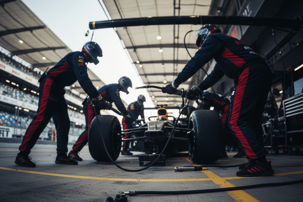 Blurred motion of tools and tires at a Formula 1 pit stop highlights operational speed and teamwork