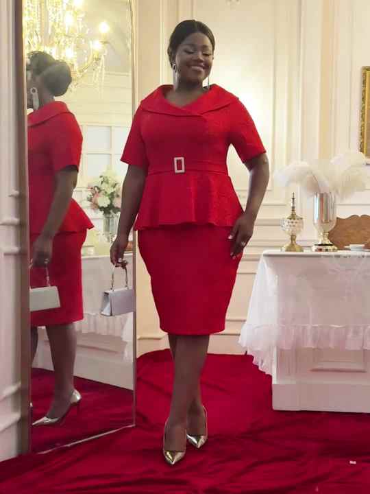 AM050134 Shawl Collar Short Sleeve Peplum with Belt Jacquard Elegant Red  Midi Bodycon Women's Casual Dress