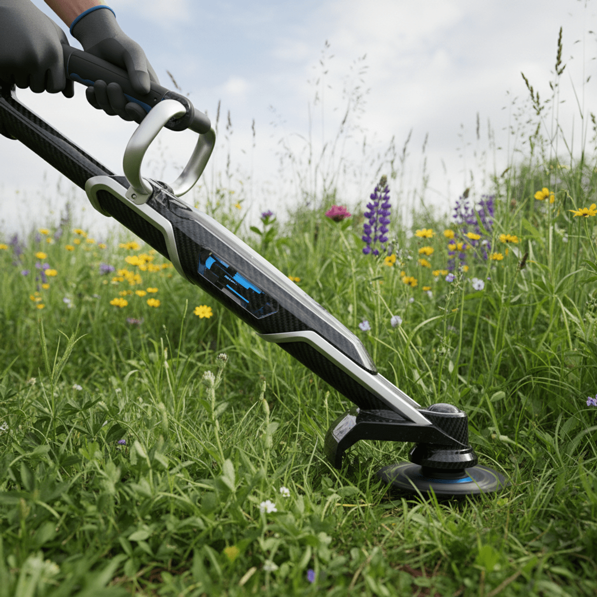 High-tech whipper snipper glides through dense garden edge in diffused daylight.